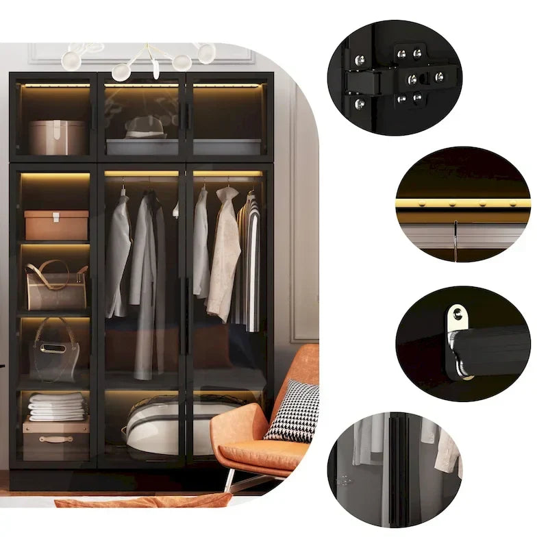 47.2 Wide Armoire LED Light All Glass Door Closet Cabinet Wardrobe