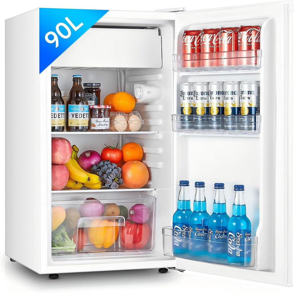 FOHERE Petit Frigo avec Congélateur de 91L, Réfrigérateur à une porte, Bac à Légumes, Thermostat Réglable, Silencieux, Petit Frigo de Bureau, Porte Réversible, Dortoir, Chambre, Blanc