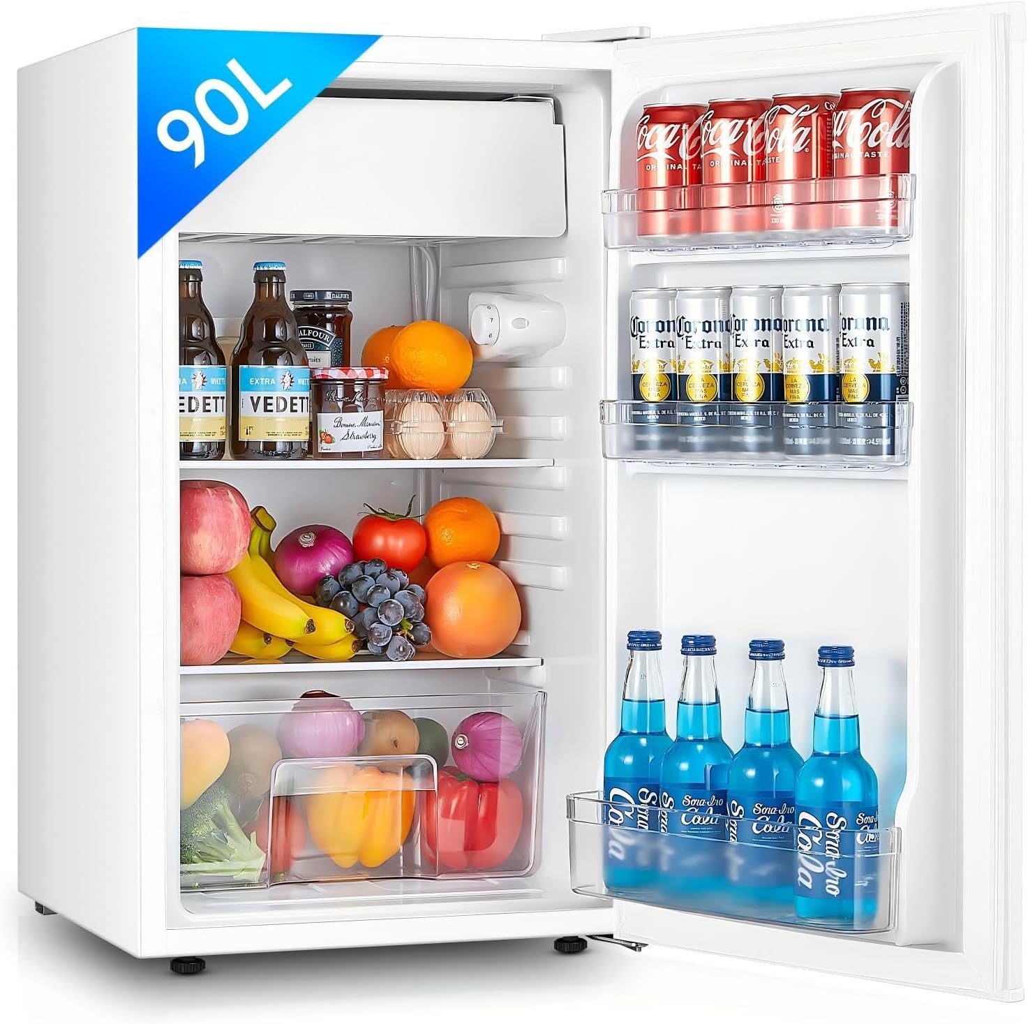 FOHERE Petit Frigo avec Congélateur de 91L, Réfrigérateur à une porte, Bac à Légumes, Thermostat Réglable, Silencieux, Petit Frigo de Bureau, Porte Réversible, Dortoir, Chambre, Blanc