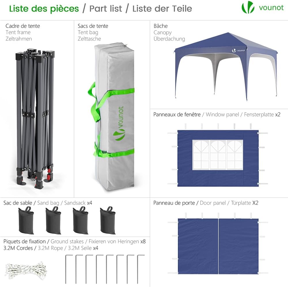 VOUNOT® Tonnelle de Jardin 3x3m Tente Pliable Imperméable avec Parois Anti UV Chapiteau de Jardin Exterieur Hauteur Réglable avec Sac de Transport pour Camping Festival Plage Jardins Bleu