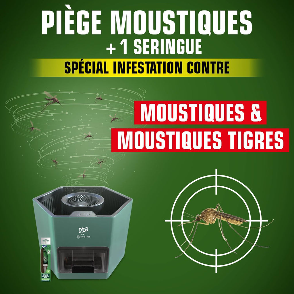 K.PRO Piège à Moustiques Exterieur avec 1 seringue d'attractif. Attire et Capture Les moustiques et Assure 3 Mois de tranquillité jusqu'à 300m². Electrique et Programmable, Silencieux et sans Odeur
