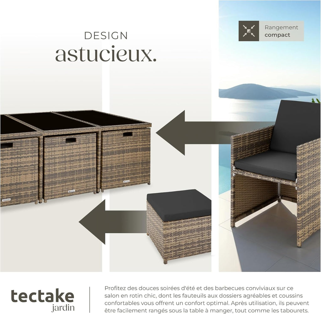 TecTake Salon de Jardin Exterieur en Résine Tressée Poly Rotin Salon de Jardin Table 10 Personnes Fauteuil Exterieur Encastrable Aluminium, 2 Sets de Housses + Housse de Protection – Marron Naturel
