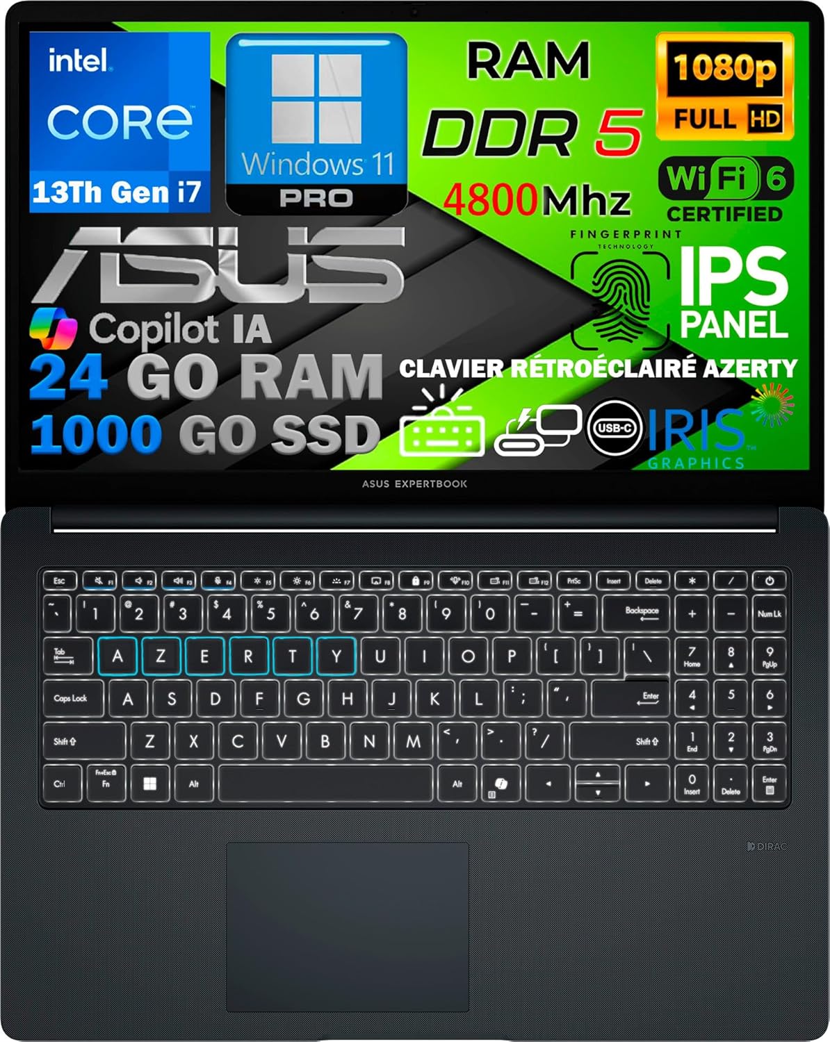 ASUS Ordinateur Portable Intel Core i7 13ᵉ Gén 10 Cœurs, RAM 24Go DDR5, SSD 1To, Écran 15.6" FHD IPS, WiFi 6E, Copilot IA, Webcam 1080p, Clavier AZERTY Rétroéclairé, Empreinte Digitale, Win 11 Pro