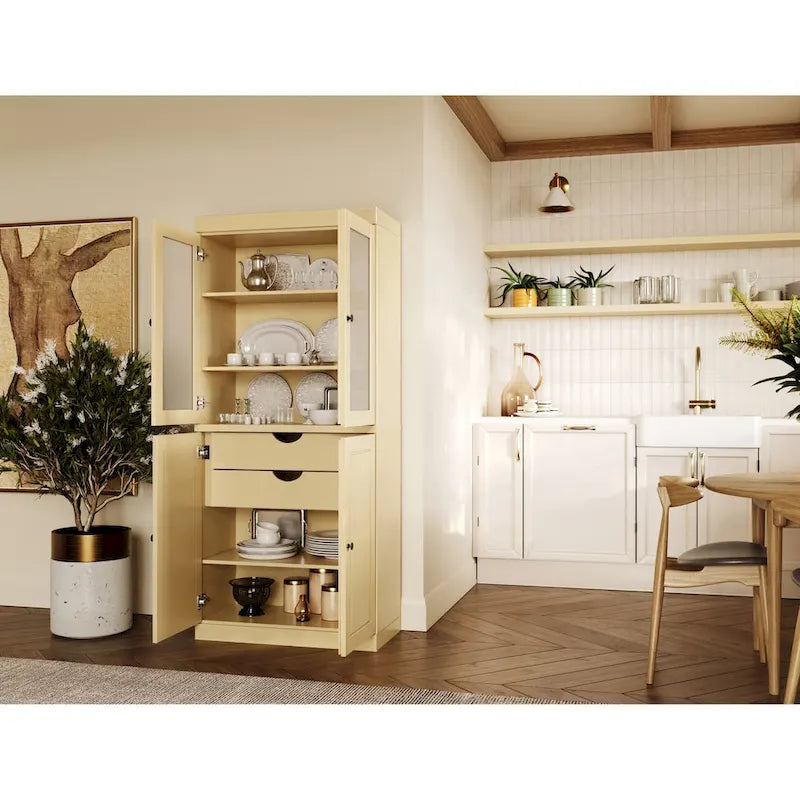 100% Solid Wood Pantry Cabinet with Frosted Glass Doors, Solid Doors, 2-Drawers and Adjustable Shelves