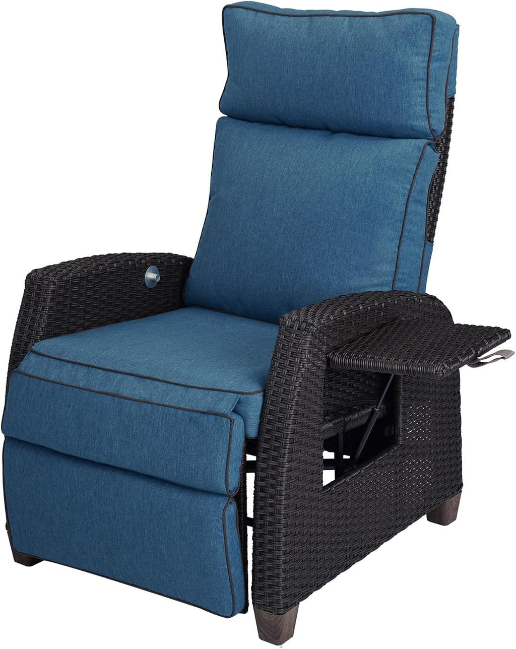 Grand patio Chaise longue inclinable à position réglable avec table rabattable et coussin pour jardin, cour, terrasse, extérieur – Coussin bleu paon et osier marron