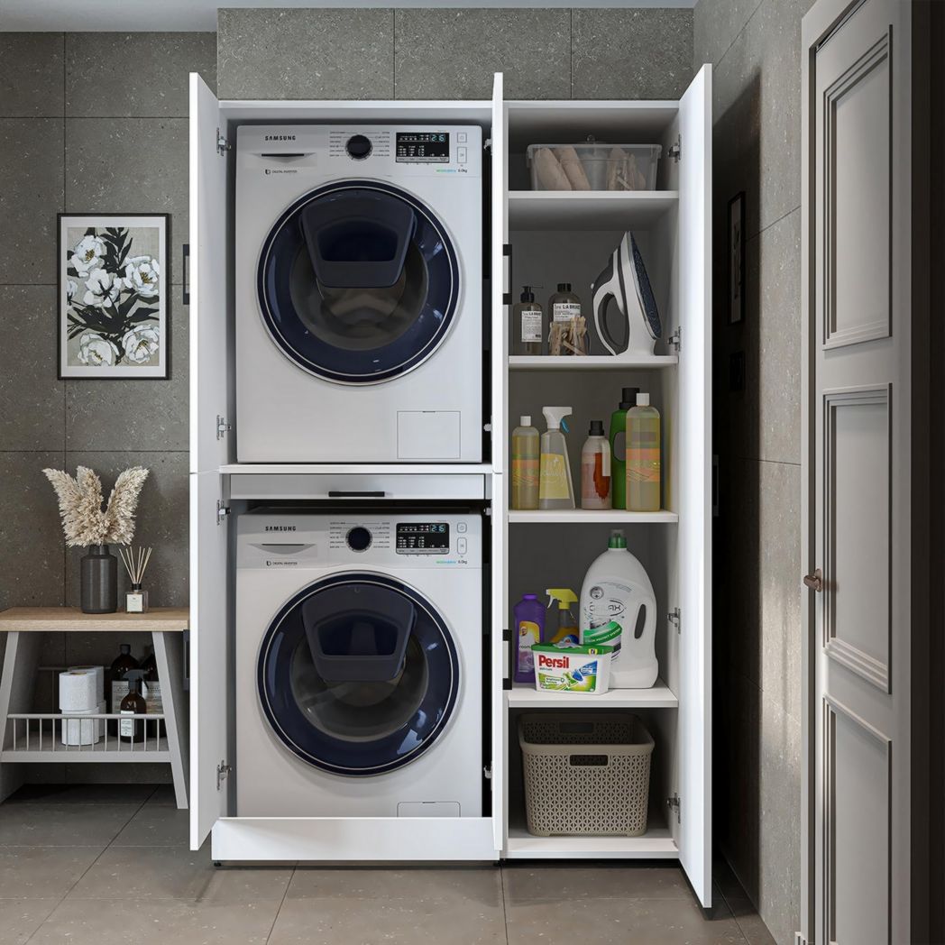 ROOMART Dora - Meuble pour machine à laver - Pour sèche-linge et machine à laver - En 4 couleurs - Avec portes et panneau coulissant - Blanc - Chêne blanc - Chêne anthracite - Chêne blanc (chêne blanc)