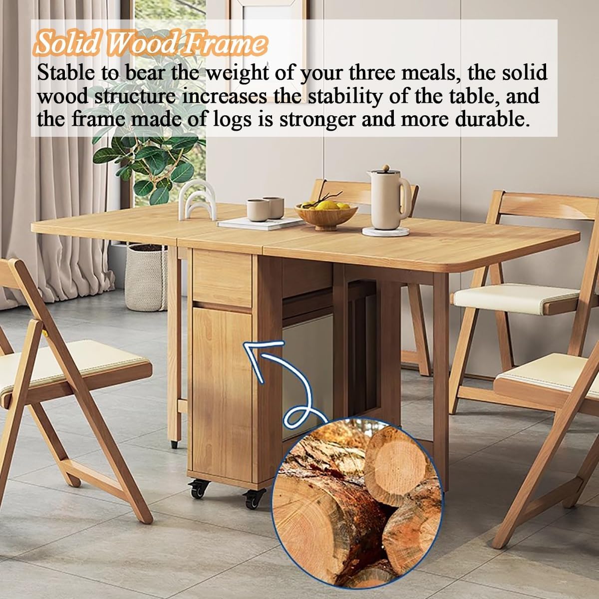 Table à manger pliante avec chaises, table à abattant rétractable en bois massif avec tiroir de rangement, extensible