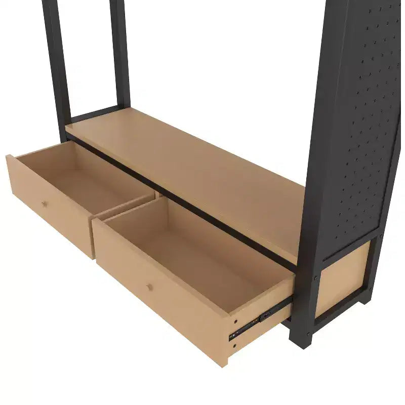 Full/Queen Size Metal Loft Bed Frame, All-In-One with Wardrobe, Storage Shelves & Pegboard, Black - ModernLuxe