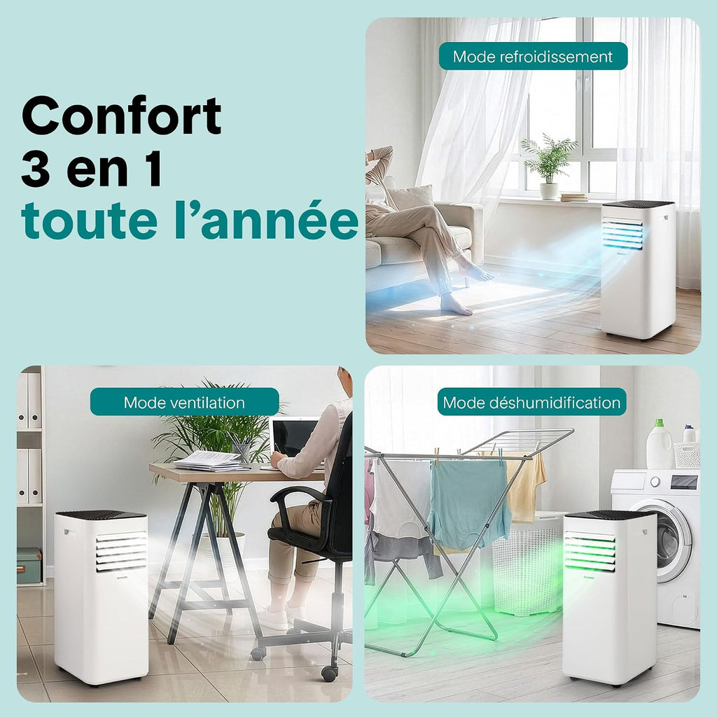 SereneLife Climatiseur Mobile 9000 BTU – Portable Silencieux 55 dB, 31 m² Ventilateur et Déshumidificateur, Rafraîchisseur d’Air, Télécommande, Écran LED