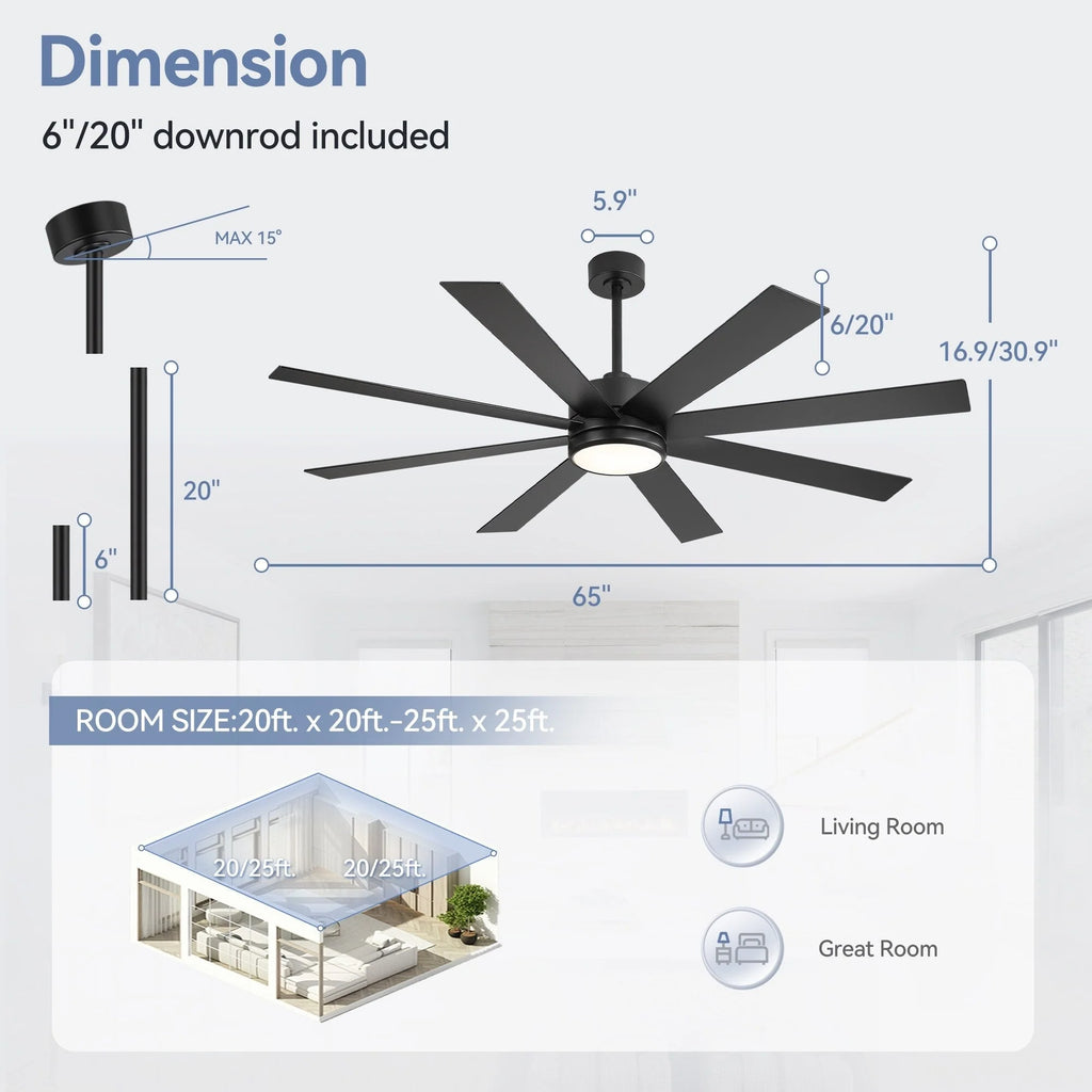 65 Inch 8-Blade Black LED Ceiling Fan with Light and Remote