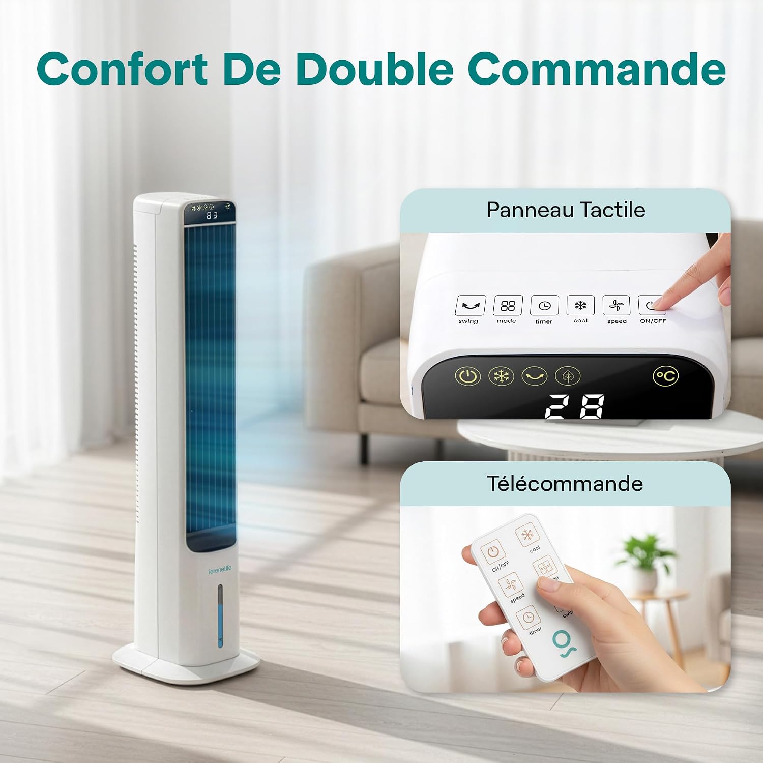 SereneLife Rafraîchisseur d'Air Évaporatif 5 L avec Télécommande, Ventilateur Colonne Oscillant Silencieux, 3 Vitesses, 4 Blocs Réfrigérants, Pour Chambre, Salon et Bureau