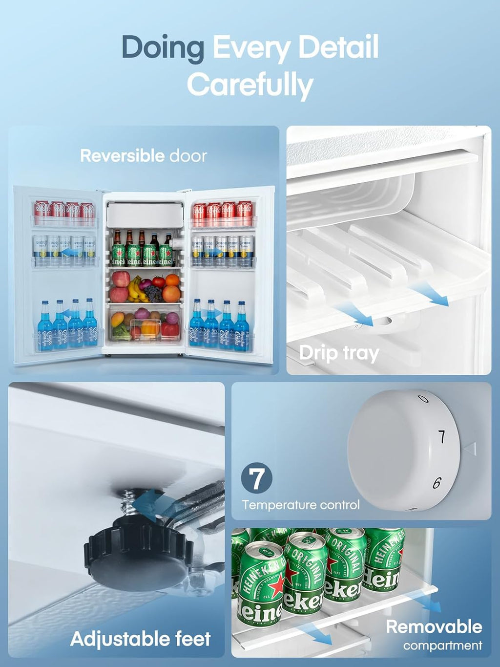 FOHERE Petit Frigo avec Congélateur de 91L, Réfrigérateur à une porte, Bac à Légumes, Thermostat Réglable, Silencieux, Petit Frigo de Bureau, Porte Réversible, Dortoir, Chambre, Blanc