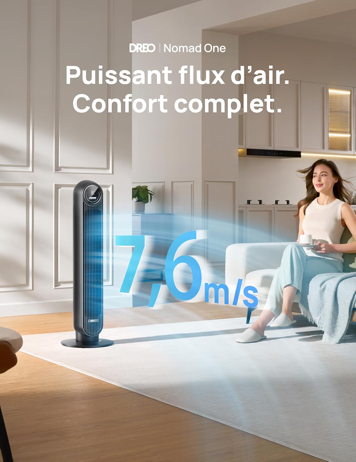 Dreo 20dB ventilateur colonne silencieux pour chambre, 7,6 m/s, oscillant à 90°, 92 cm, avec télécommande, ventilateurs tour équipés de 4 vitesses, 4 modes, et minuterie 8H, noir, Nomad One