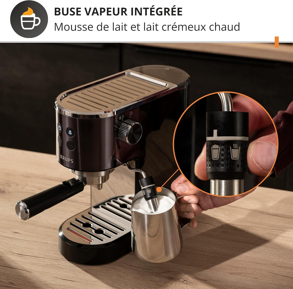 Krups Virtuoso+, Machine expresso manuelle, Café à pompe, Café moulu ou dosettes, 15 bars, Inox, Buse vapeur, Espresso et cappuccino, Noire, XP444G10