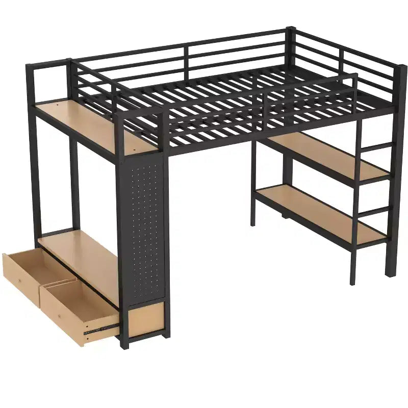 Full/Queen Size Metal Loft Bed Frame, All-In-One with Wardrobe, Storage Shelves & Pegboard, Black - ModernLuxe