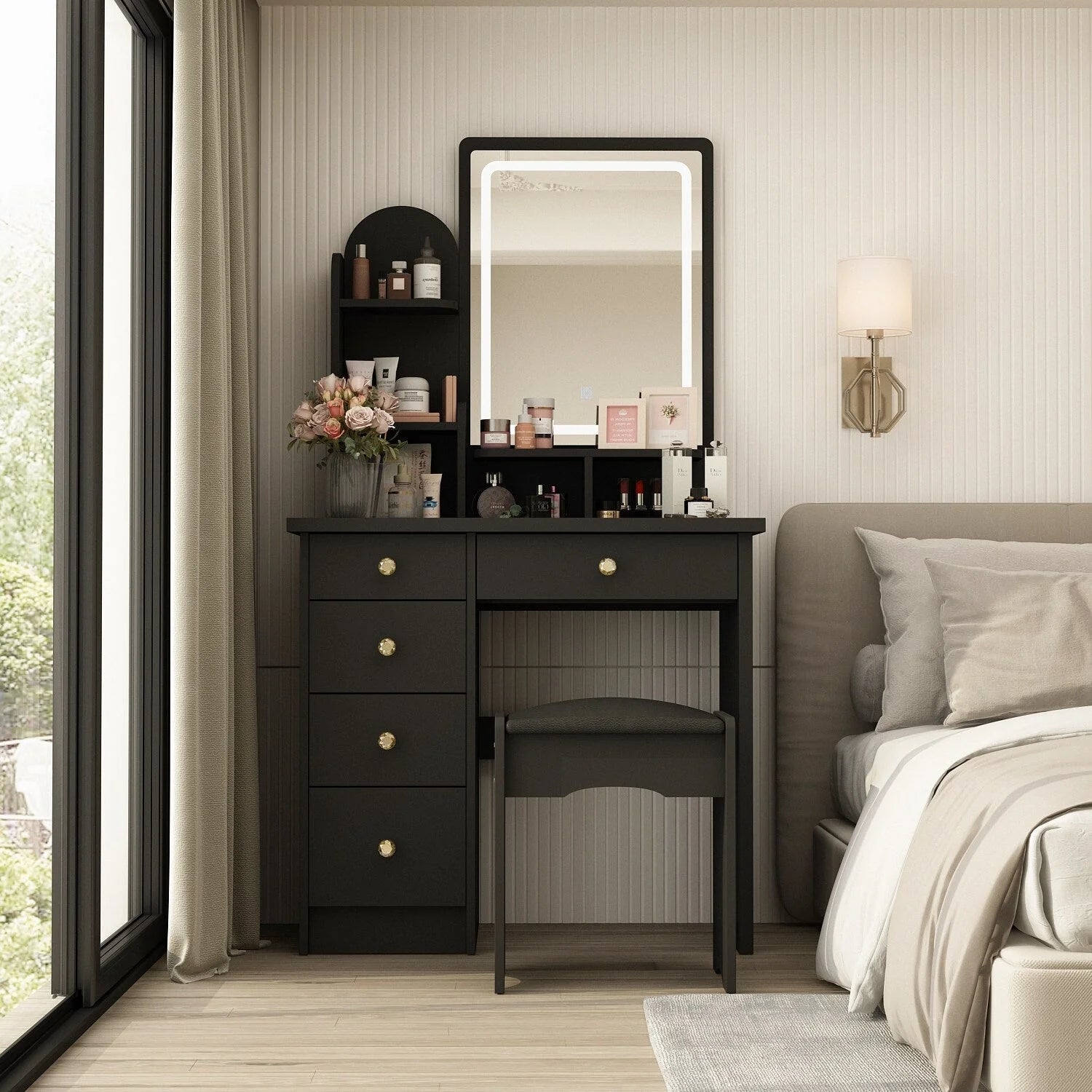 Makeup Vanity Set Table With LED Light &Mirror & Stool