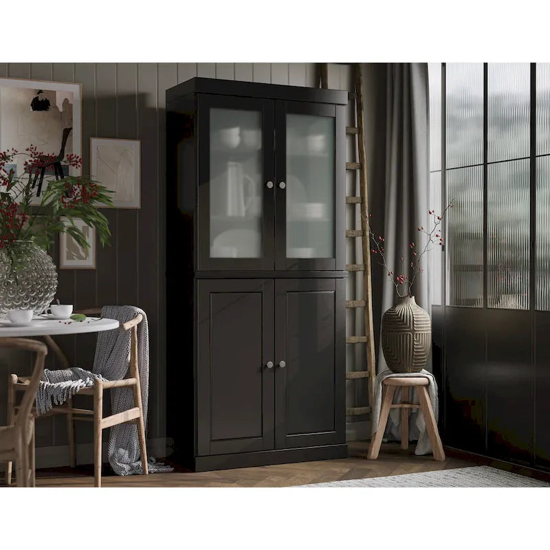 100% Solid Wood Pantry Cabinet with Frosted Glass Doors, Solid Doors, 2-Drawers and Adjustable Shelves
