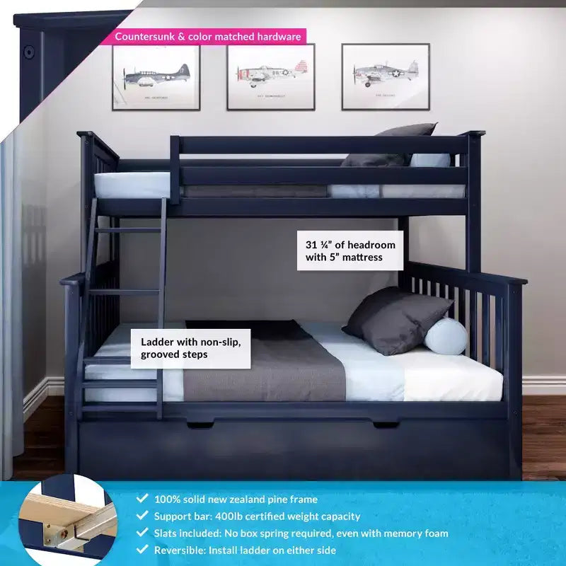 Max & Lily Solid Wood Bunk Bed, Twin over Full with Storage Trundle and Ladder for Kids