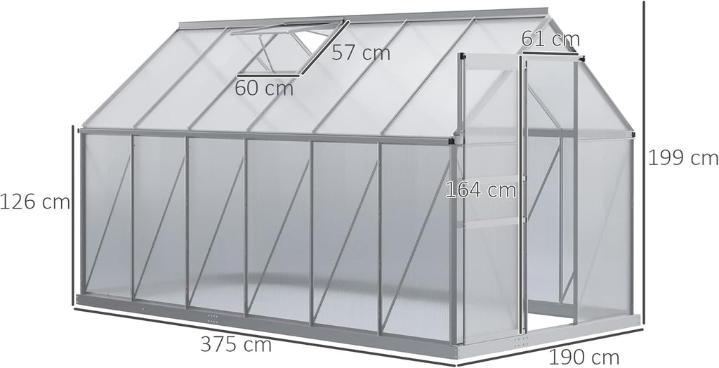 Outsunny Serre de Jardin en Polycarbonate 7,1 m² avec Porte coulissante, Lucarne Ajustable, Fondation Incluse, dim. 1,9L x 3,75l x 1,99 m - Argent et Transparent