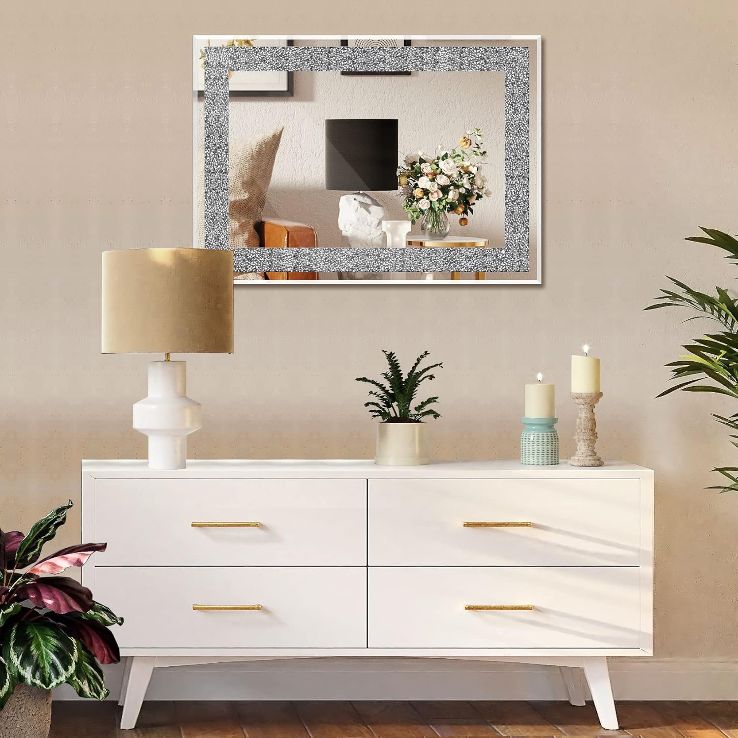 Ruomeng Miroir mural rectangulaire en cristal écrasé avec diamant pour décoration de la maison, pour salle de bain, entrée et chambre à coucher, 50,8 x 71,1 cm