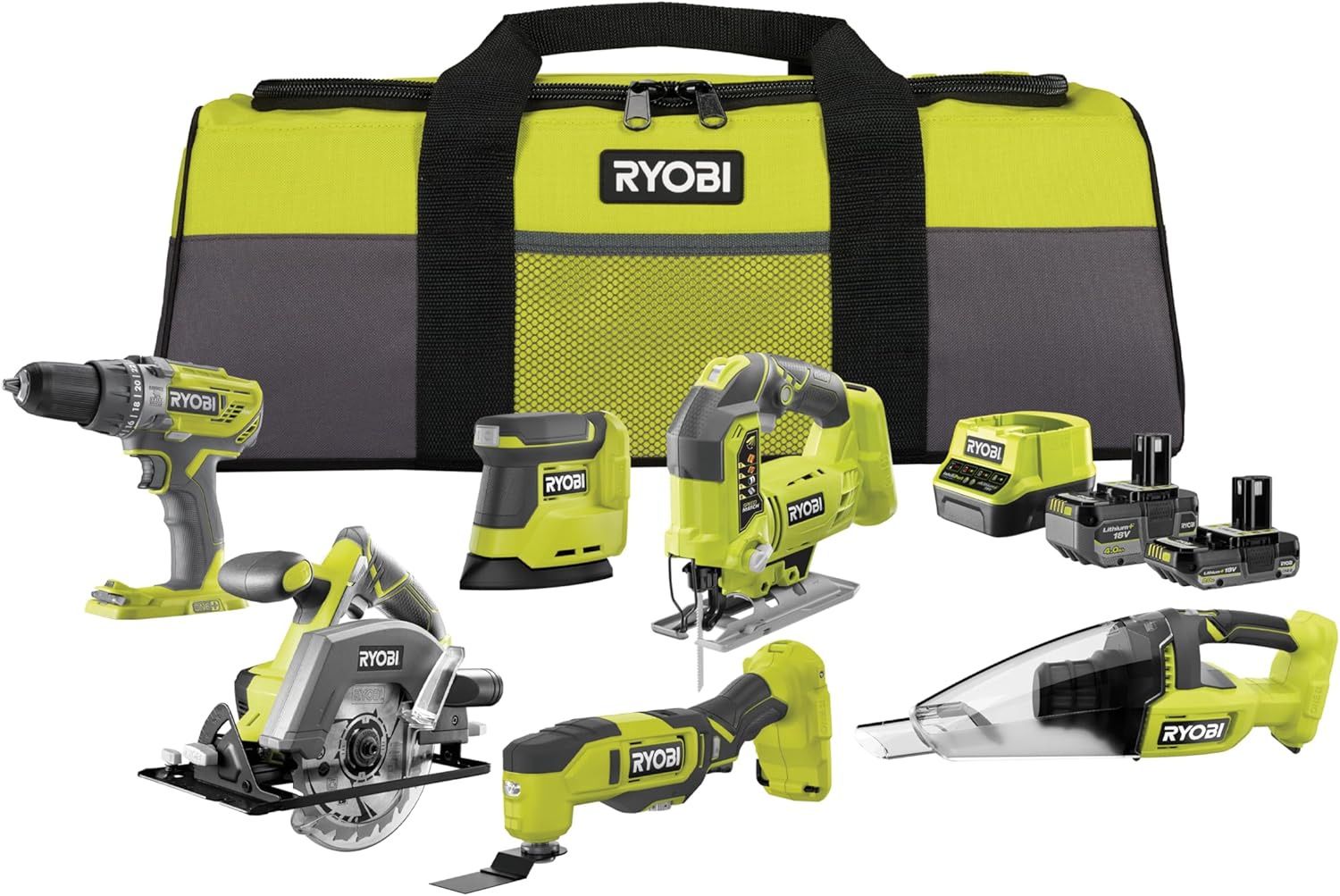 RYOBI - Kit 6 outils 18V ONE+ : Perceuse percussion, Scie sauteuse, Ponceuse triangulaire, outil multi-fonction, Scie circulaire, Aspirateur - batterie 1x4Ah, 1x2Ah, chargeur, sac - RCK186O-242SZL