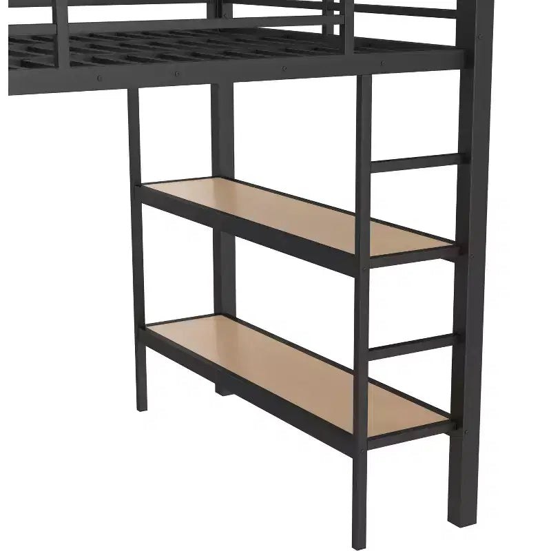 Full/Queen Size Metal Loft Bed Frame, All-In-One with Wardrobe, Storage Shelves & Pegboard, Black - ModernLuxe