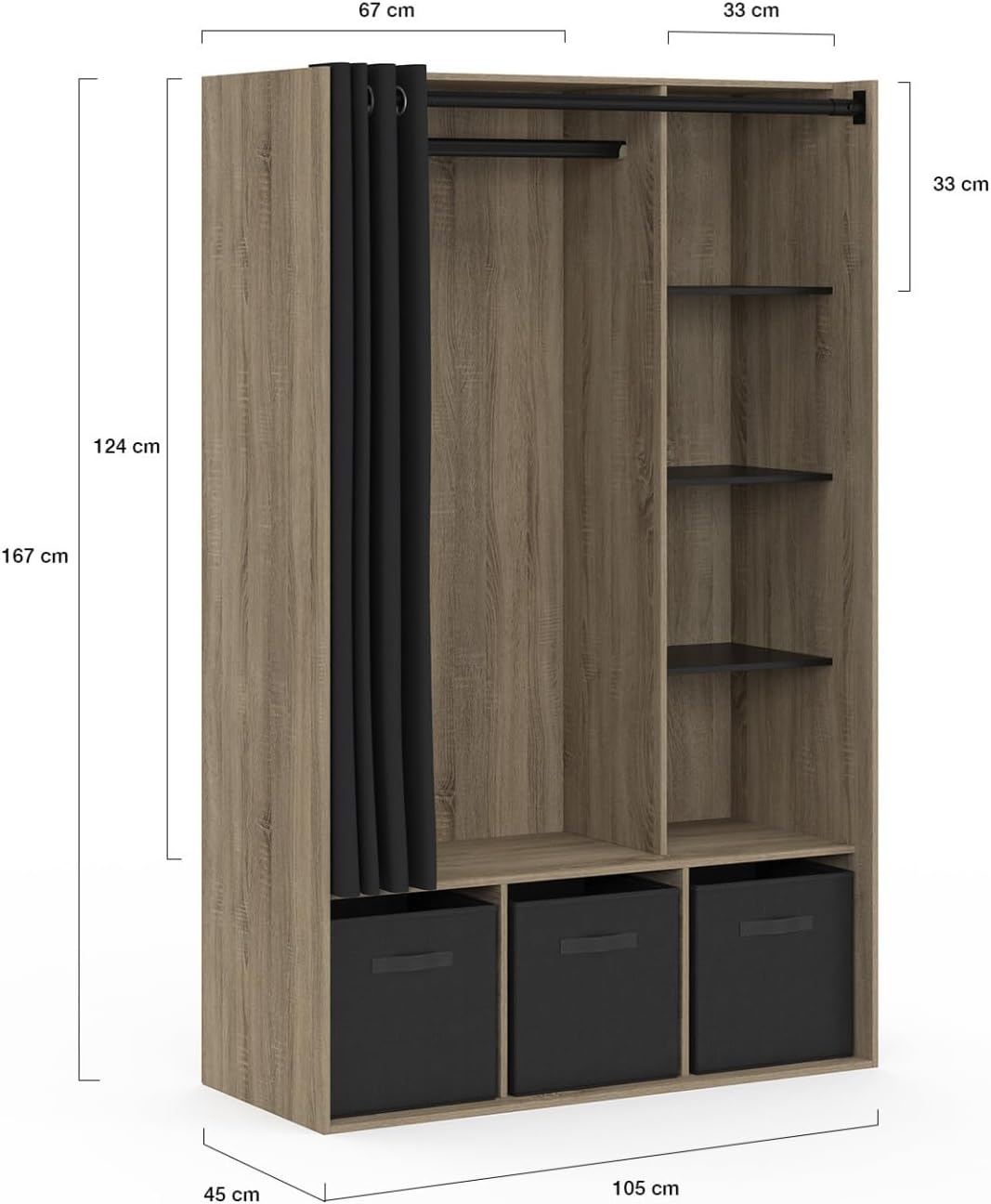 IDMarket - Dressing penderie Diane 105 x 50 x 172 cm hêtre avec étagères + boites de Rangement + Rideau Noir