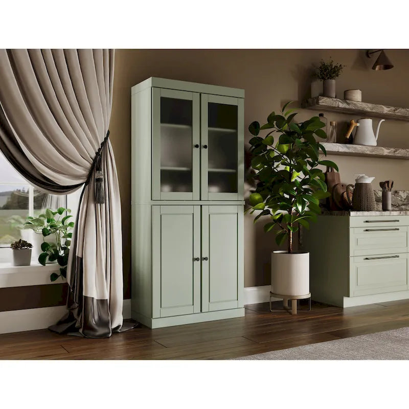 100% Solid Wood Pantry Cabinet with Frosted Glass Doors, Solid Doors, 2-Drawers and Adjustable Shelves