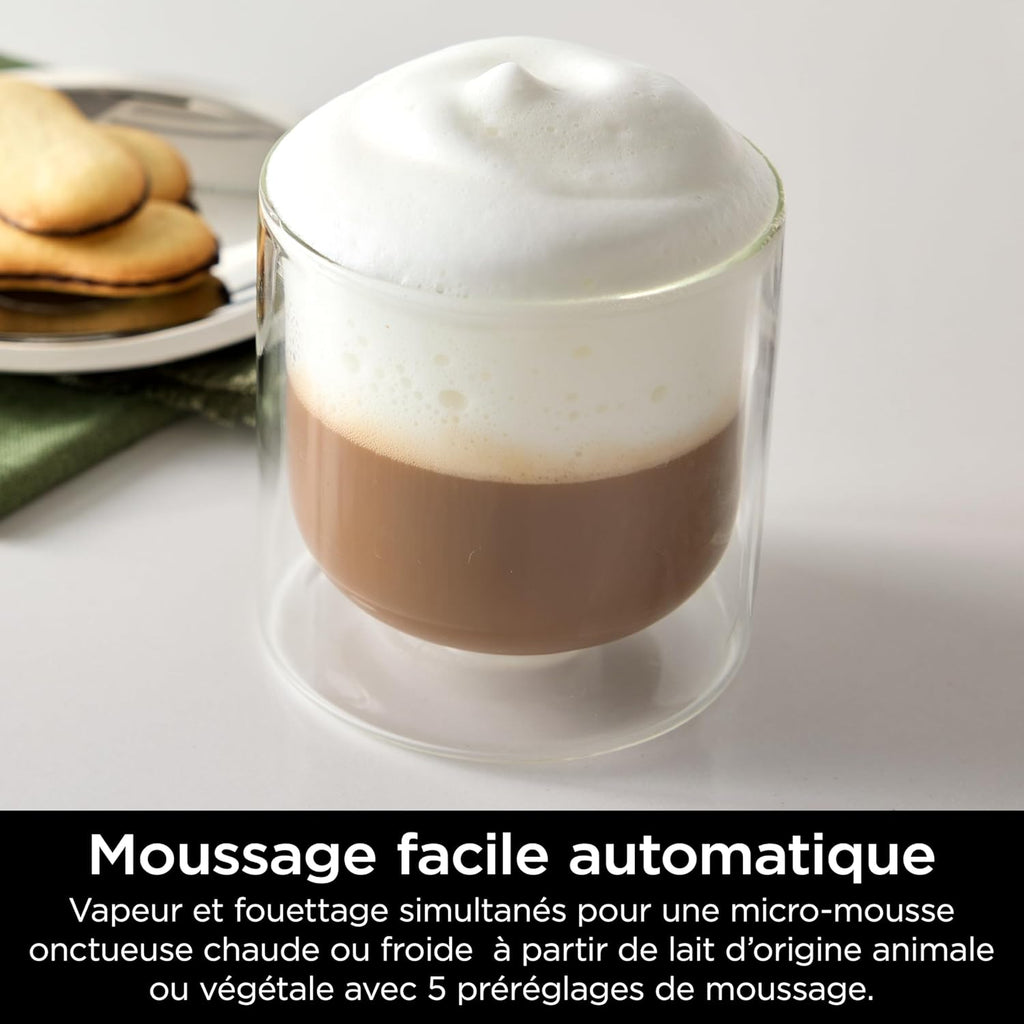 NINJA Machine à café Luxe Essential 2-en-1, Latte, Cappuccino et Espresso avec broyeur à grains et mousseur à lait intégrés, facile à utiliser, 2 préréglages mousse, argent, ES501EU