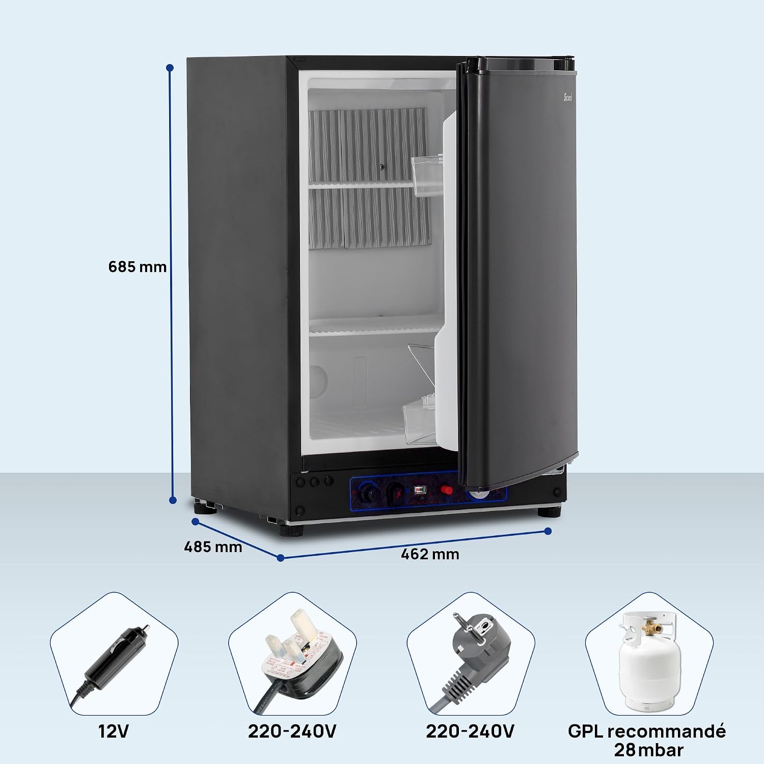 Smad Frigo Gaz Camping Car, 60L, Frigo Trimixte 12V 220V Gaz, Réfrigérateur Silencieux pour Camping-car, Caravane, Gîte, Mobile-home, Noir
