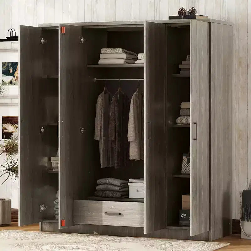 Whisen Wood 4-Door Wardrobe Armoire with Hanging Rod, 1-Drawer and Storage Shelves