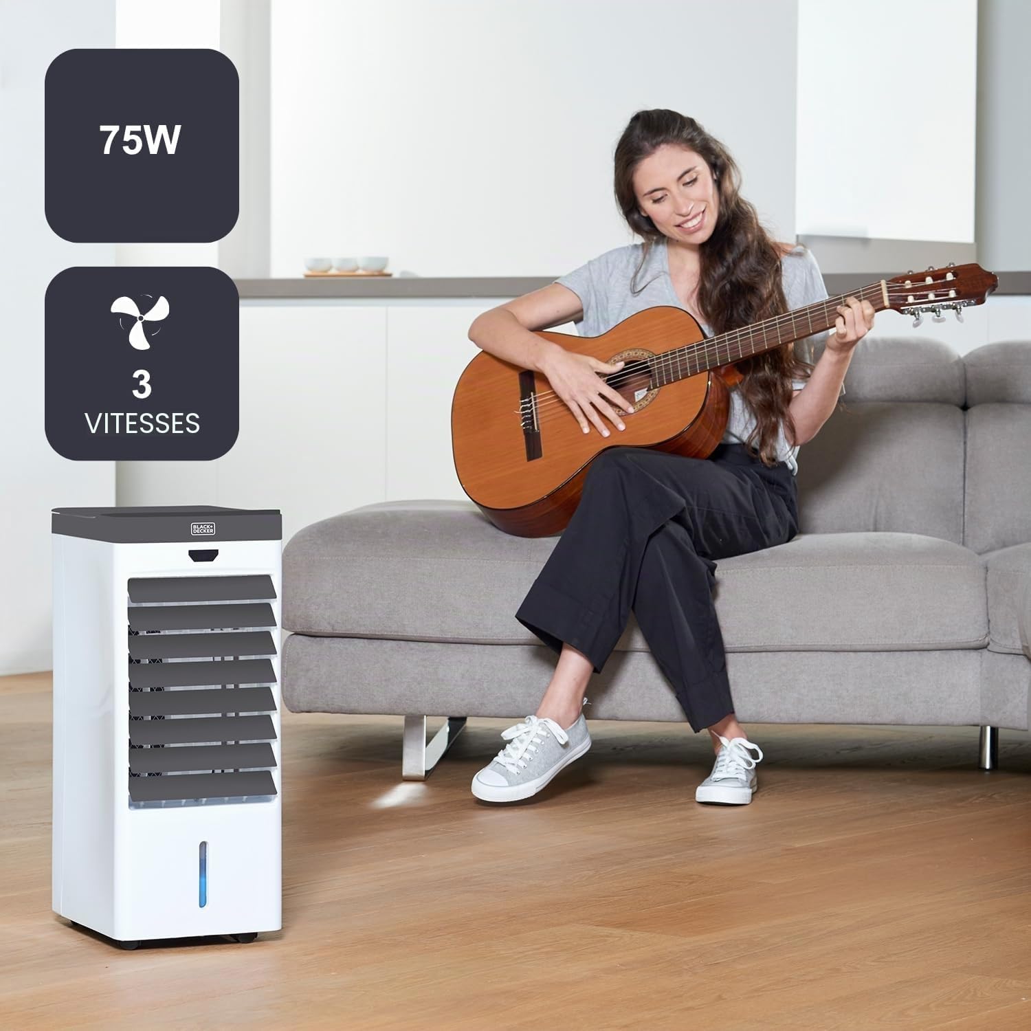 BLACK+DECKER - Rafraîchisseur d'air évaporatif 75 W | Réservoir 5 L | Oscillation | Écran digital | Télécommande | Minuterie 7,5 h | 3 vitesses et modes | 4 bacs à glace | Roulettes