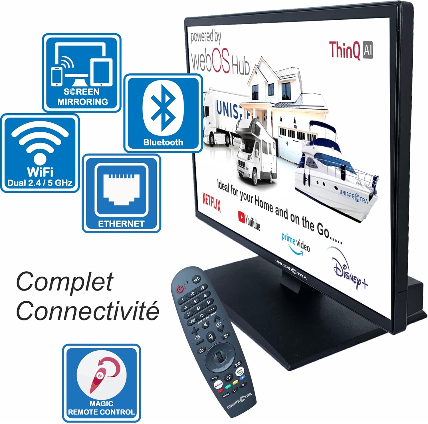Unispectra  19” Smart TV (webOS) avec Télécommande Magique 12v HDR 230v 24v TV TNT et Tuner Sat 3xHDMI 2xUSB. Téléviseurs 12V pour Camping-Cars, caravanes, fourgonnettes, Bateaux