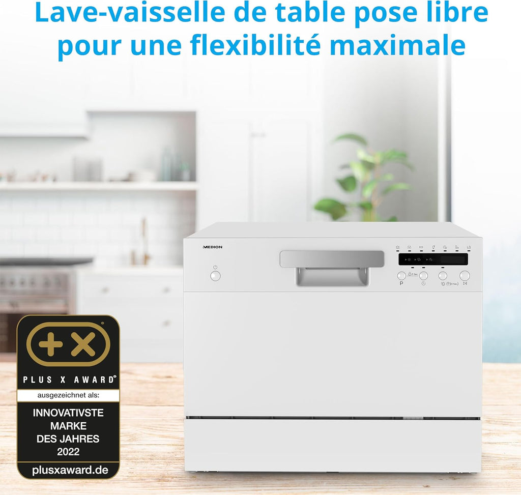 MEDION Lave-vaisselle de table DWT 60 (capacité 6 couverts, 7 programmes, affichage LED, 47dB, MD37496), argent