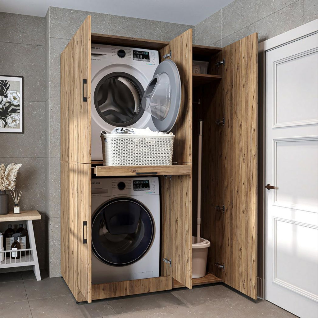 ROOMART Dora - Meuble pour machine à laver - Pour sèche-linge et machine à laver - En 4 couleurs - Avec portes et panneau coulissant - Blanc - Chêne blanc - Chêne anthracite - Chêne blanc (chêne blanc)