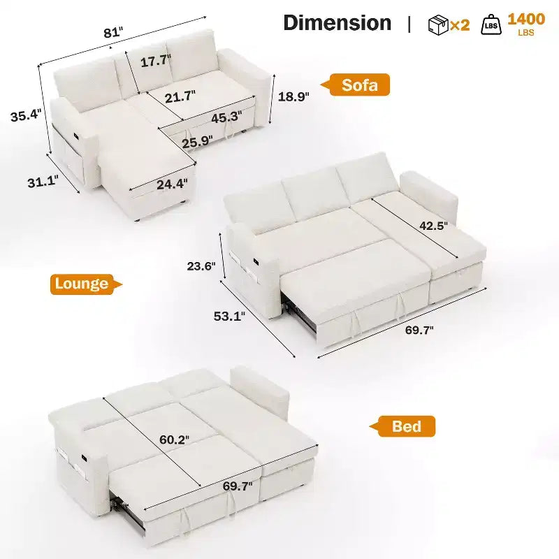 Dyonery 81 Sectional Sleeper Sofa, L-Shaped Pull Out Couch with Reversible Storage Chaise, USB, Reclining Backrest