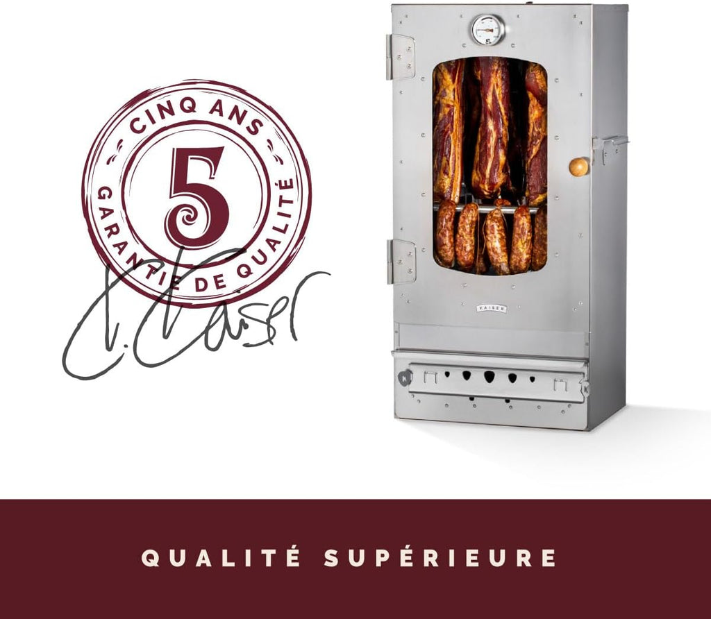 Fumoir KAISER COMPANY '50' en acier inoxydable de haute qualité, portable de 80 cm, pour fumer jusqu'à 10 kg de viande, chauffage au bois