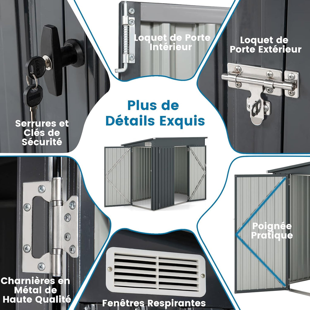 COSTWAY Abri de Jardin en Métal 2,6㎡, Cabane Jardin Exterieur en Acier Galvanisé 5,7 m³ avec Loquet, Porte avec serrure et clé, Toit en Pente, 4 Gants, 2 Trous d’Aérations, Abri Exterieur (Gris foncé)
