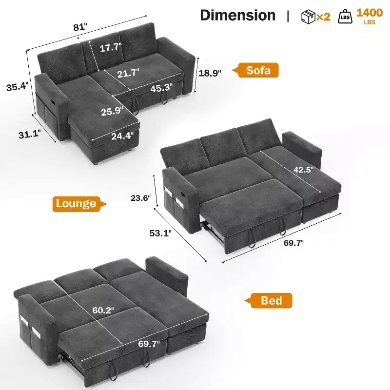 Dyonery 81 Sectional Sleeper Sofa, L-Shaped Pull Out Couch with Reversible Storage Chaise, USB, Reclining Backrest