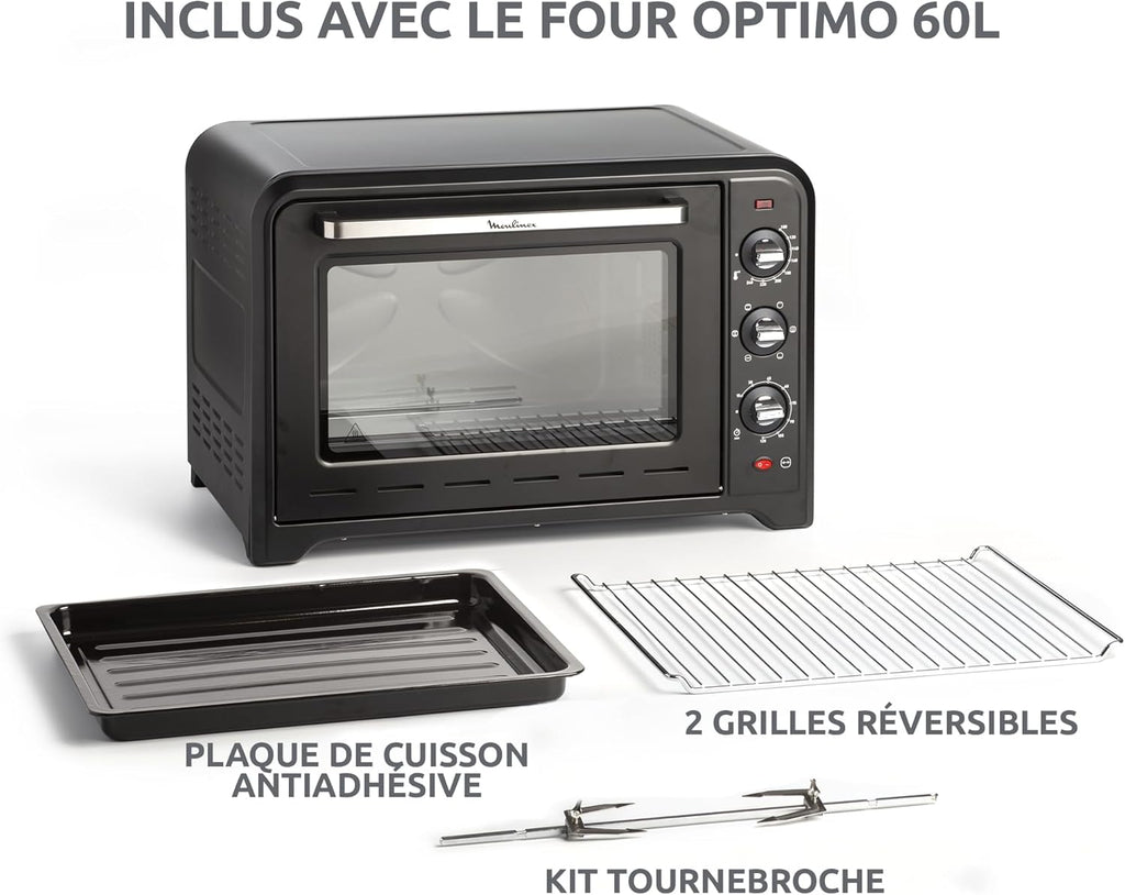 Moulinex Four électrique à chaleur tournante 60 L, 7 modes de cuisson, Tournebroche, Thermostat réglable jusqu’à 240 °C, Timer 120 minutes, 2 grilles réversibles, Optimo, Noir OX495810
