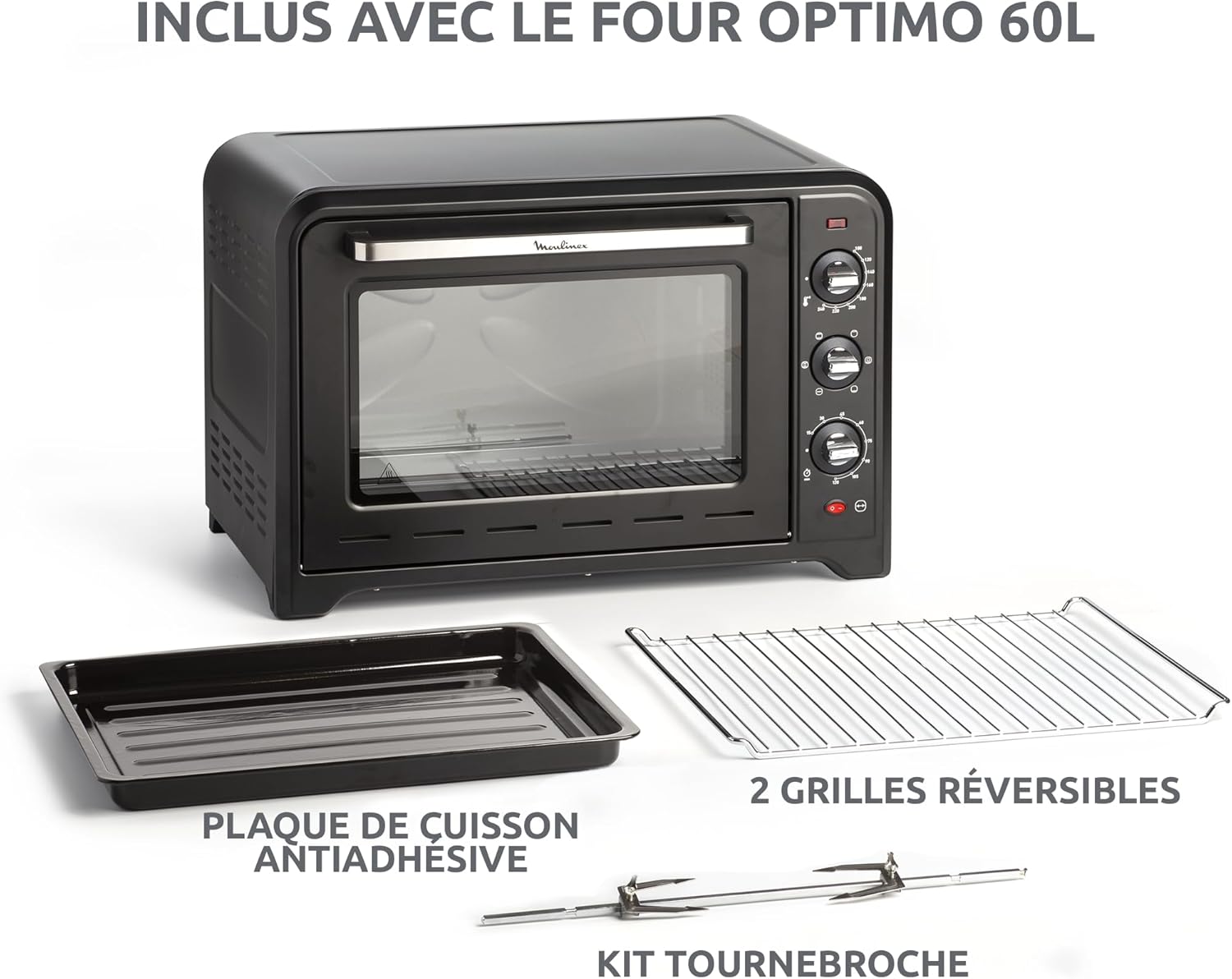 Moulinex Four électrique à chaleur tournante 60 L, 7 modes de cuisson, Tournebroche, Thermostat réglable jusqu’à 240 °C, Timer 120 minutes, 2 grilles réversibles, Optimo, Noir OX495810