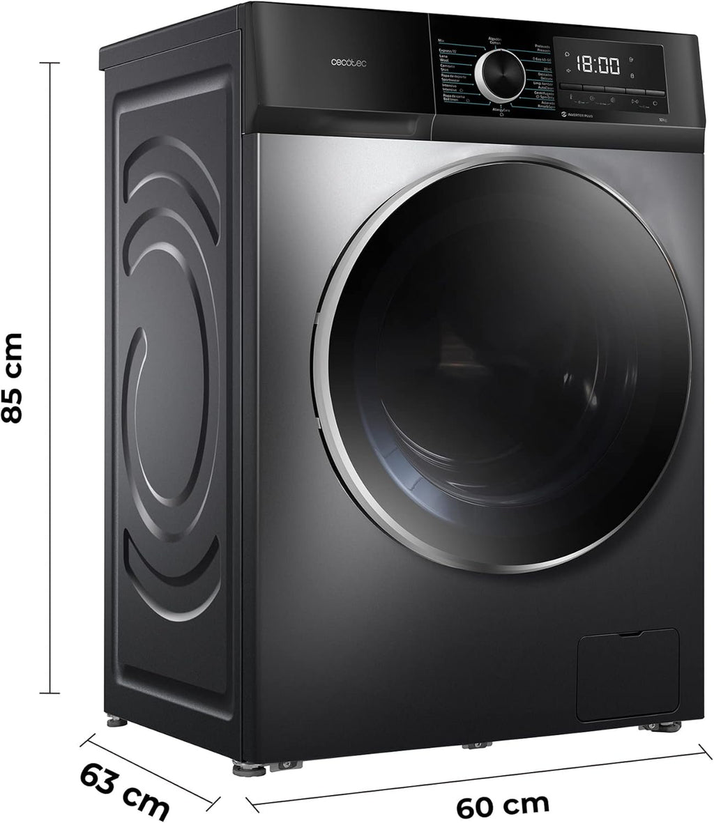 Cecotec Lave-linge 10Kg Chargement Frontal Bolero Dresscode 10500 Inverter Steel A, 1950W, 1400 rpm, Moteur Inverter Plus, Basse Consommation, 16 Programmes, Lavage Vapeur, Delay Start, Acier