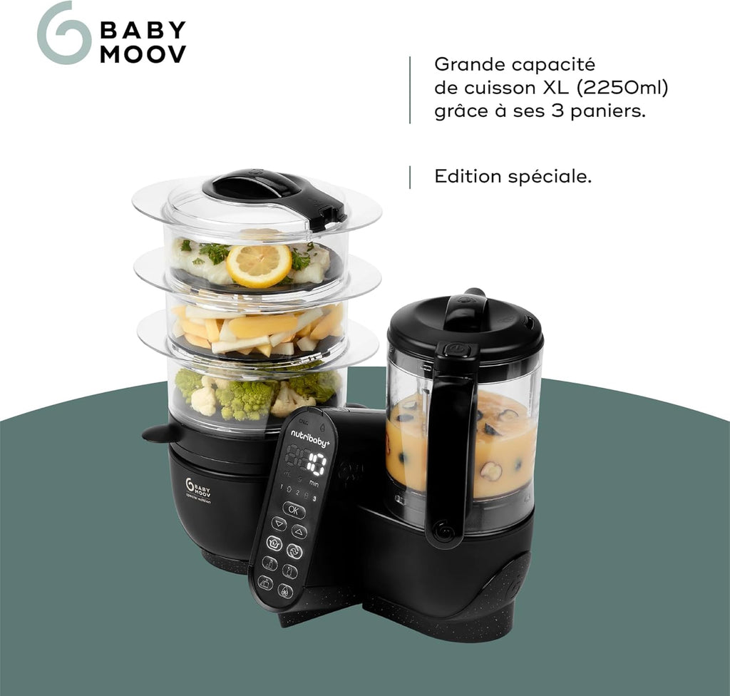 Babymoov Robot Cuiseur Bébé Nutribaby(+) XL - Grande Capacité 2,9L - Jusqu'à 14 Repas en 1 Cycle - 6 Fonctions en 1-2 Paniers Vapeur - Diversification Alimentaire - Mixeur Cuiseur Bébé, Noir