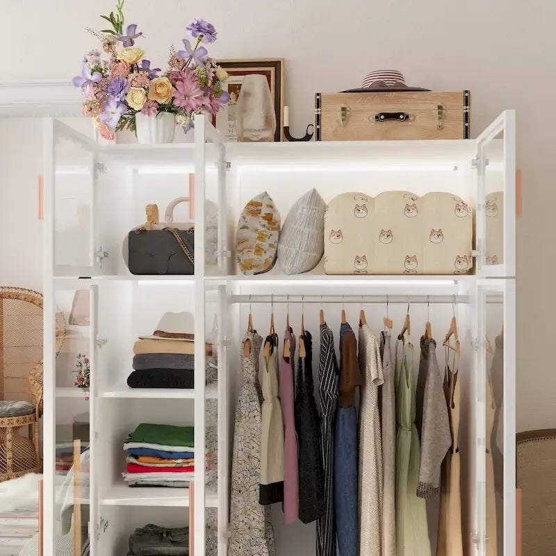 47.2 Wide Armoire LED Light All Glass Door Closet Cabinet Wardrobe