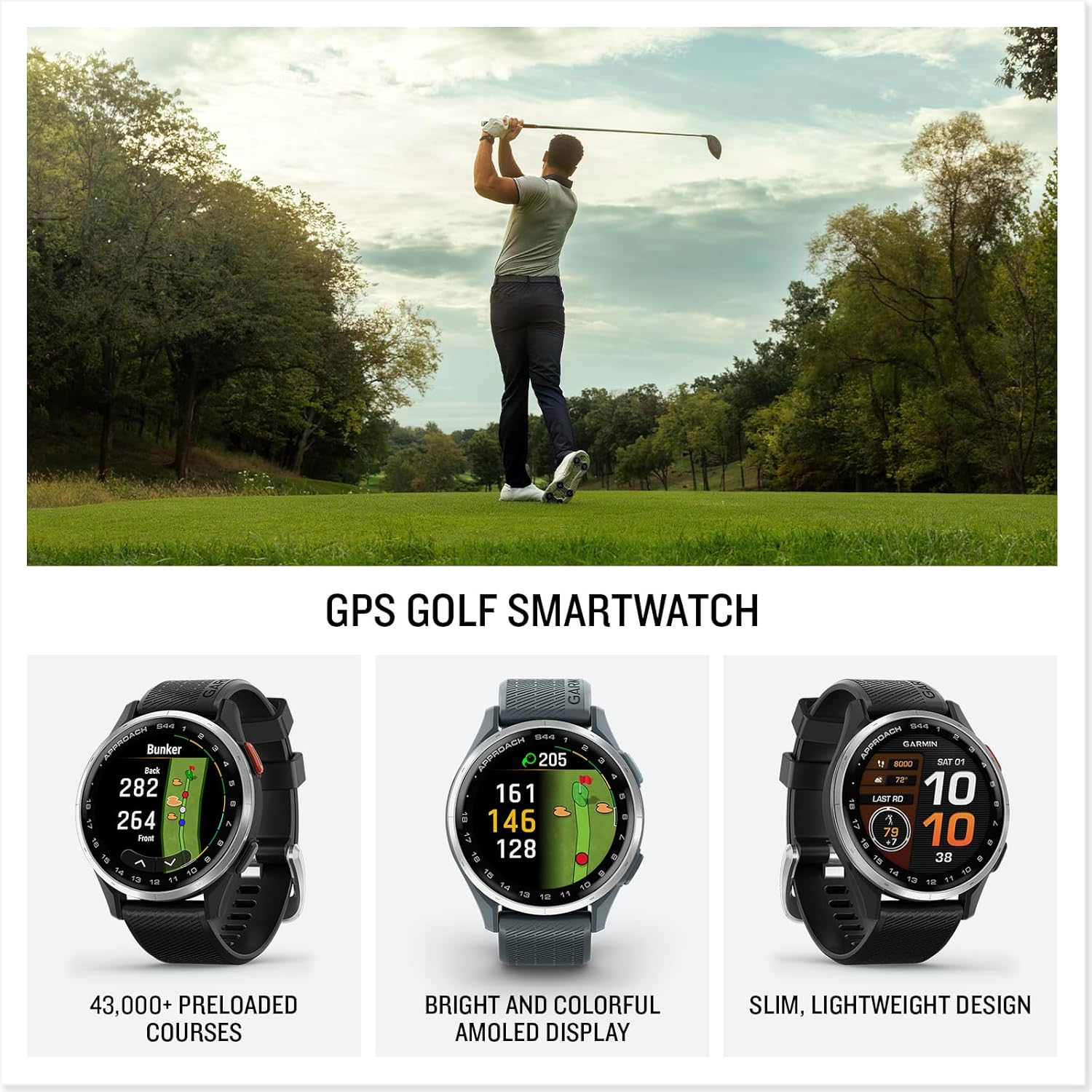 Garmin Approach S44 Essential Golf GPS Smartwatch Écran AMOLED Fonctionnalités sur Le Terrain Lunette en Aluminium argenté avec Bracelet en Silicone Noir