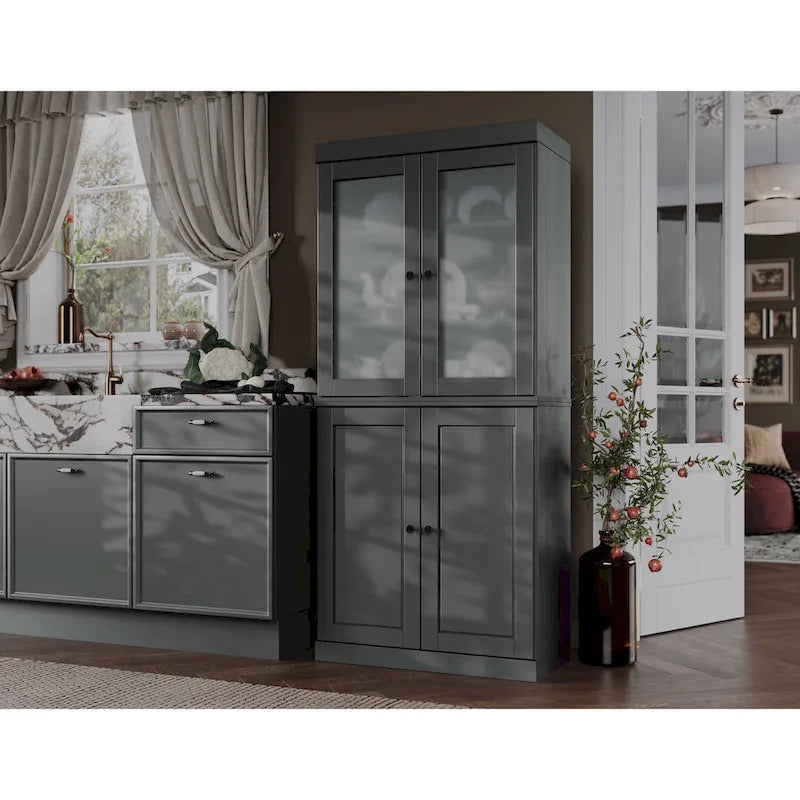 100% Solid Wood Pantry Cabinet with Frosted Glass Doors, Solid Doors, 2-Drawers and Adjustable Shelves