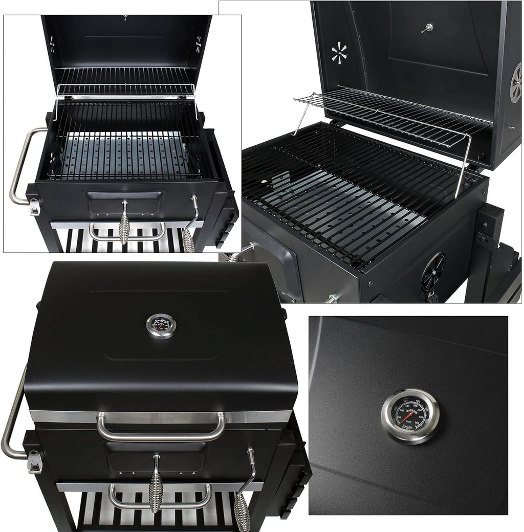Wiltec Chariot Barbecue à Charbon 1130x475x 1000mm Clapet anti-feu Hauteur réglable Thermomètre Espaces rangement Ouvre-bouteille Grillade Jardin BBQ