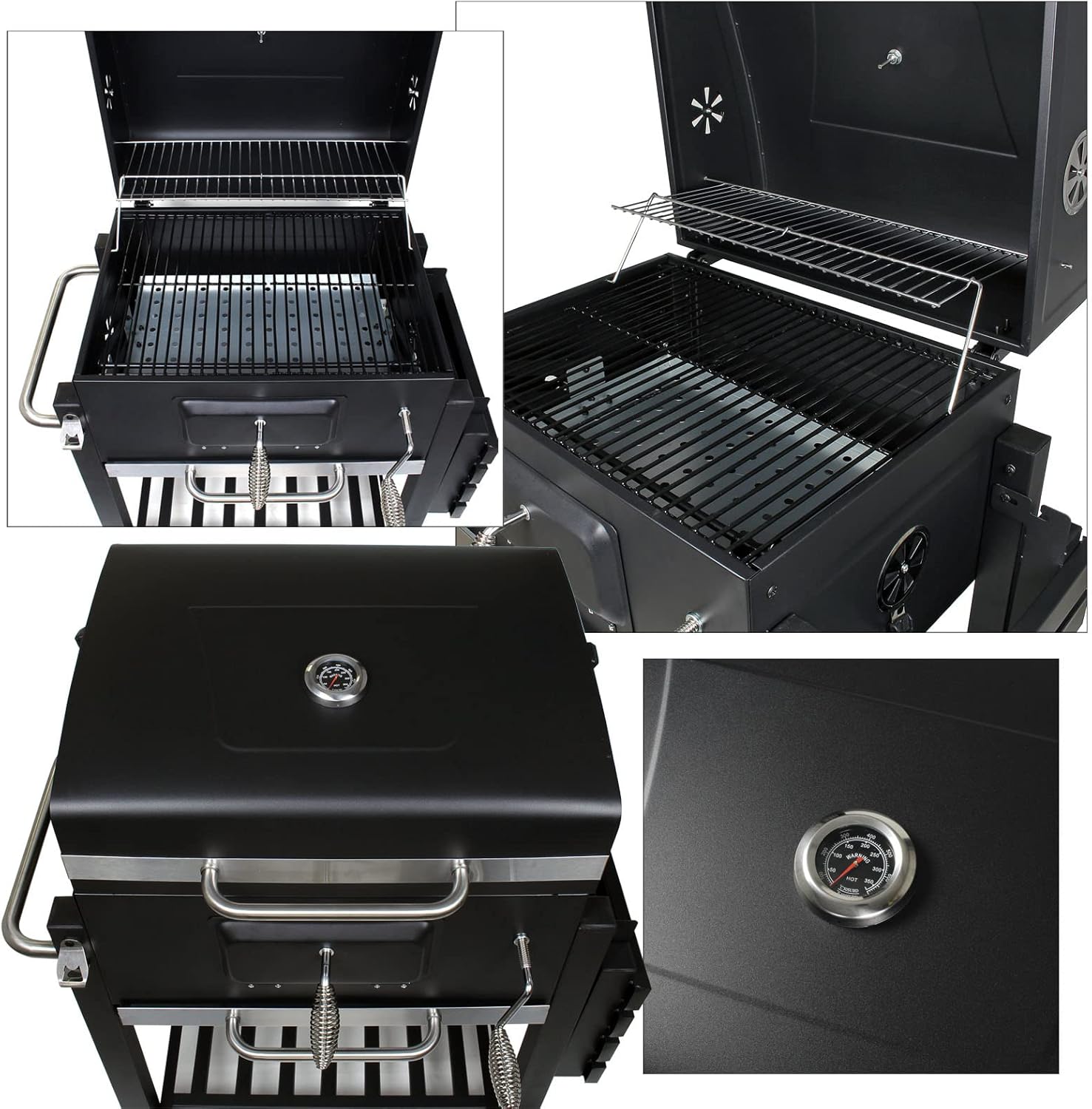 Wiltec Chariot Barbecue à Charbon 1130x475x 1000mm Clapet anti-feu Hauteur réglable Thermomètre Espaces rangement Ouvre-bouteille Grillade Jardin BBQ