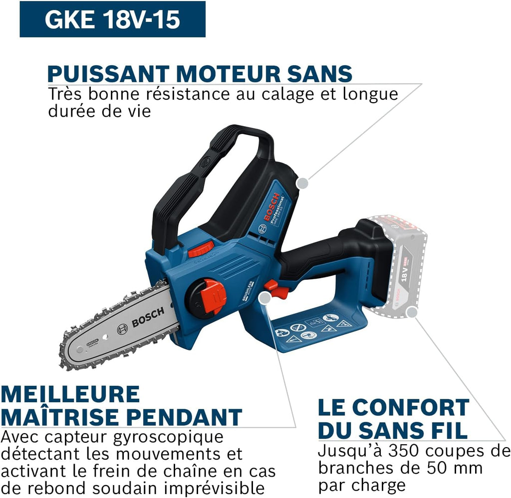 Bosch Professional 18V System Élagueuse GKE 18V-15 (jusqu'à 350 coupes par charge, coupes DIY jusqu'à 13 cm, moteur sans charbons, fourreau de 15 cm, sans batterie)