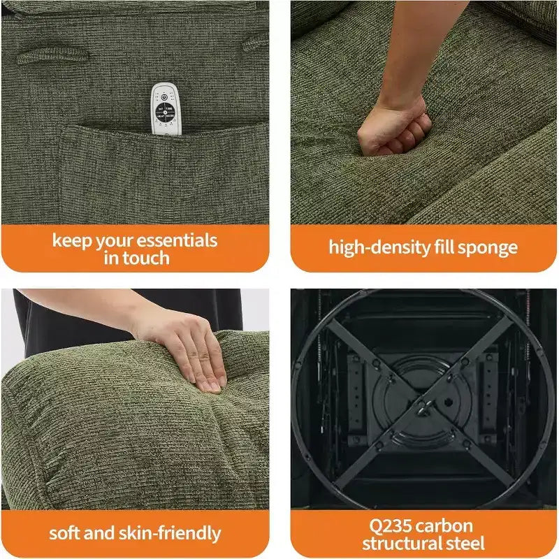 Massage Rocker Recliner with Heating, 360 Swivel Glider Recliner Chairs for Adults, Linen Nursery Chair with Side Pocket, Two Cup Holders